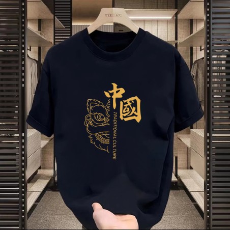 Factory Wholesale Summer Mens Tshirt Short Sleeve National Fashion Printed Solid Color Top Versatile Simple Trendy Top Tshirt
